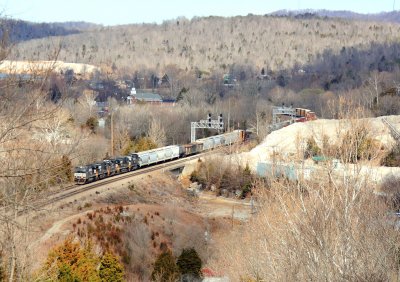 A Southbound manifest passes through the new CP at Tateville, seen from the hill at Garlands Bend. 