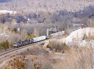 A Southbound manifest passes through the new CP at Tateville, seen from the hill at Garlands Bend.