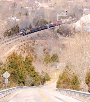 NS 197 grinds up the hill out of the Cumberland River valley, seen from top of Garlands Bend near Tateville 