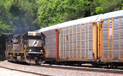 NS 167 passes a rack train, stopped at Burnside for a crew Change 