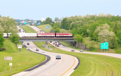 A pair of former Southern RR FP7's lead the RJC Derby train across Interstate 64 near Frankfort 