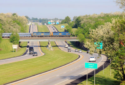 The CSX Derby train crosses Interstate 64 on the East side of Frankfort