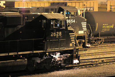 A pair of night time Northbounds wait for new crews at Danville 