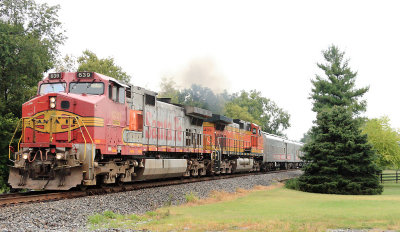 A BNSF Warbonnet leads the NS 048 Circus train away from a meet at Talmage 