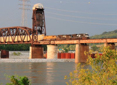 Southbound intermodal 223 crosses the TN river on the edge of a Thunderstorm 