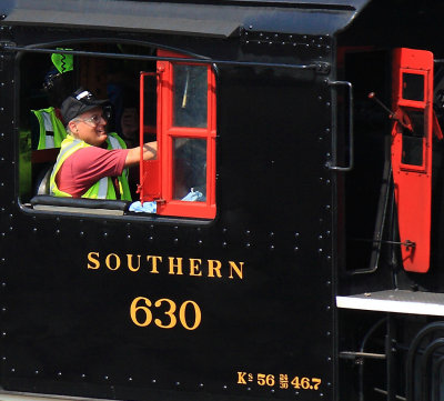 NS RFE of steam Bob Saxton has a big smile on his face as the first mainline trip departs 