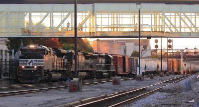 Sunset in downtown Roanoke, as a NS Eastbound heads out of town 