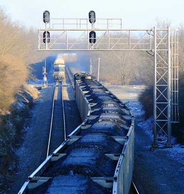 NS 76J with 120 loads of frosty coal crosses over at North Wye 