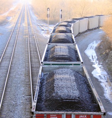 NS 76J with 120 loads of frosty coal crosses over at North Wye
