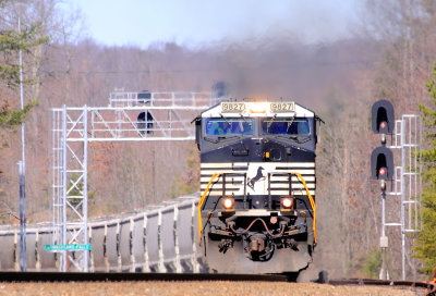 A Southbound grain train struggles to get on the move after meeting 216 at Cumberland Falls 