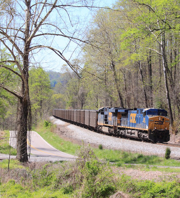 Southbound CSX coal down to a walk on the stiff grade at Hortons Summit 