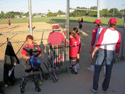 Megan in catcher's gear -- yes all the girls were redheads for this game