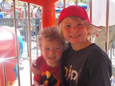 Liam and Jaden in the wild animal cage on the train ride