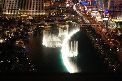 Bellagio fountain and the Strip from a 53rd floor balcony at the Cosmopolitan Hotel