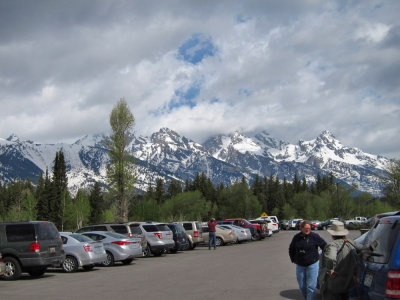 Tetons from visitor center parking lot of Grand Teton National Park, WY