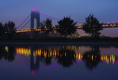 George Washington Bridge from Palisades Interstate Park lit up in pink for Breast Cancer Awareness Month