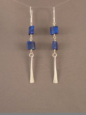 Small square lapis beads above a 1.5cm hammered sterling dangle.
