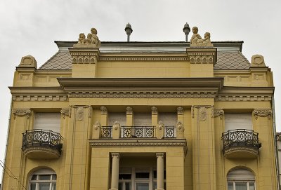 Grand building on pedestrial mall