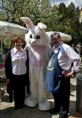 Agi and Endre visiting with the Easter bunny
