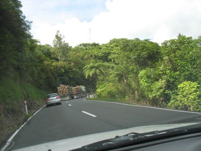 double load log trucks even on these windy roads