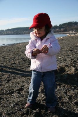 Miss Evie about to enjoy that cold Puget Sound water, following her brother