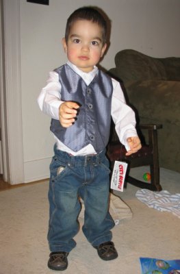 Henry trying on a new outfit