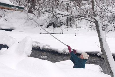 Marty  Raking Snow Off Her Roof ( Mad River In Backdrop )