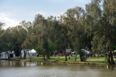 Main stage on the banks of Lake Forbes