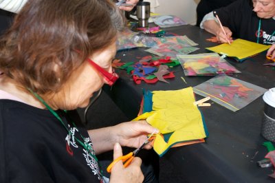 Cutting out shapes for the lanterns.