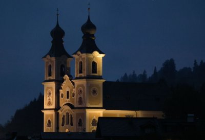 Hopfgarten St Leonhard and St Jakob illuminated at night time