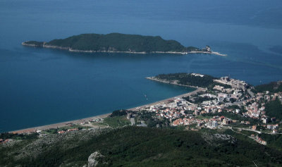 Becici (top of long beach) and St Nikolas island (largest in Montenegro and opposite Budva) from mountain road