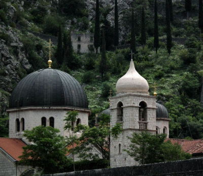 Rear of New church of St Nikolas and Dominican monastry from outside of Kotor city walls