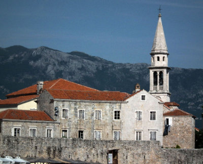 Budva St Johns church and city walls from Mogren beach