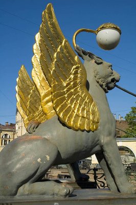 Golden-winged gryphons guard the Bankovsky Most canal bridge