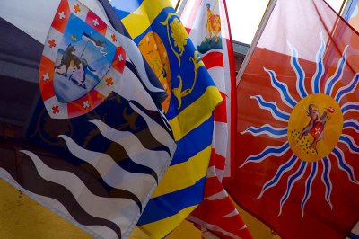 Heraldic banners displayed at the Peter & Paul Fortress