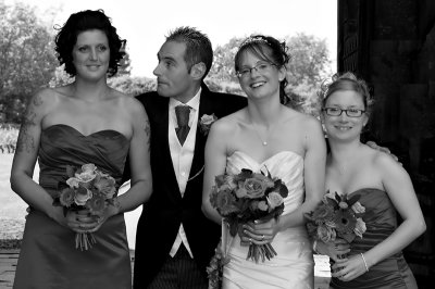 The Bride and Groom with Bridemaids in Black and White