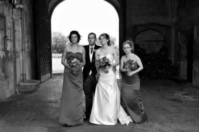 The Bride and Groom with Bridesmaids in Black and White