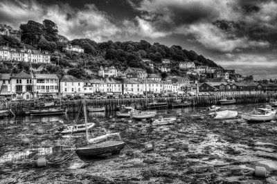 Looe Harbour at Low Tide in Black and White