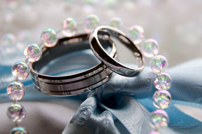 Silver Wedding Rings with Beads & Blue Ribbon