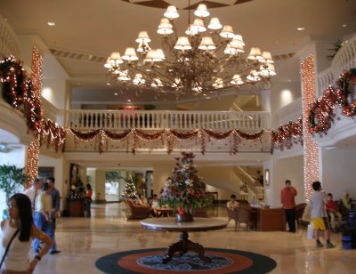 Christmas decorations in hotel foyer