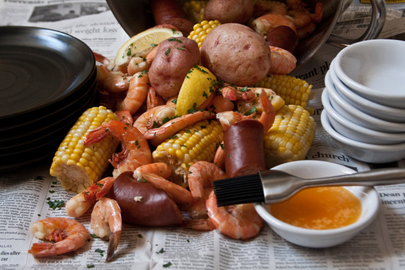 Boiled Shrimp with Sweet Corn, New Potatoes and Smoked Sausage