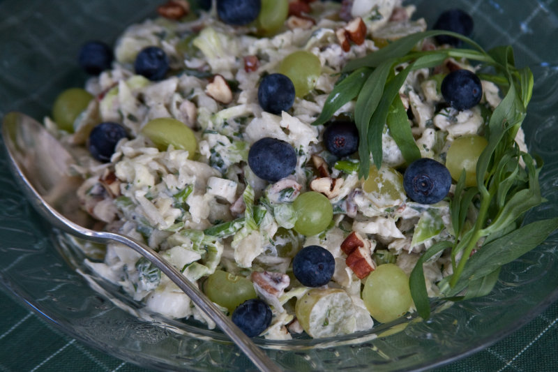 Creamy Coleslaw with Grapes, Blueberries, Herbs, and Walnuts