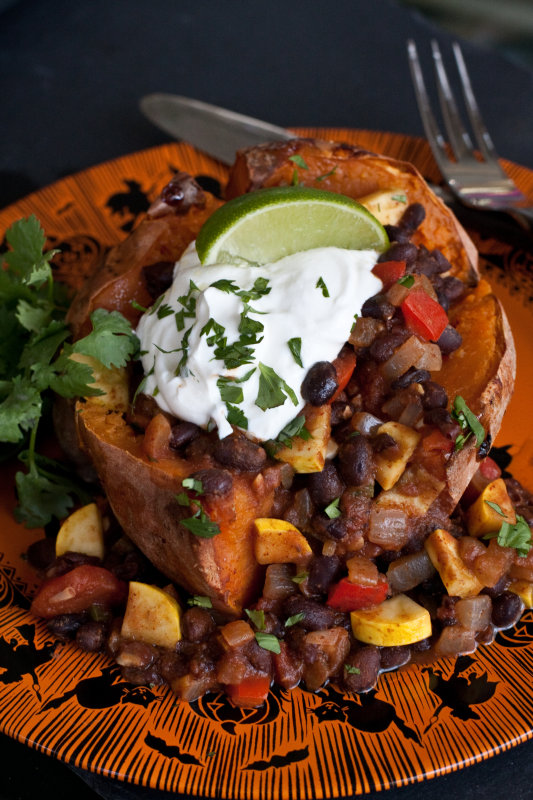 Sweet Potatoes Topped with Vegetarian Black Bean Chili