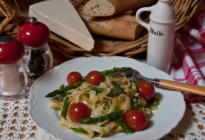 Tagliatelle with Prosciutto, Orange, Asparagus and Tomatoes