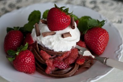 Chocolate Pasta with Whipped Cream and Strawberries