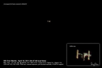 ISS Over Manila - April 18, 2011 (04:47:48 local time)
Max. mag. - 3.8, min. dist. @ 348 km, 7D + 400 2.8 IS + Canon 2x II + Sigma 2x + Sigma 1.4x, 
2263 mm, f/22, ISO 3200, 1/640 sec, manual exposure, pre-focused manually, 475B/516 support.