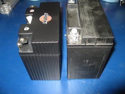 Shorai 21 amp/hour next to OEM 14 amp/hour Concours battery