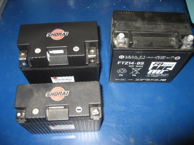 Shorai 18 and 21 amp hours next to OEM 14 amp/hour