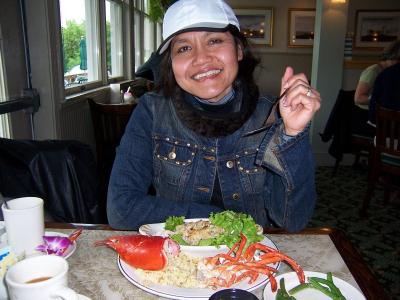 Diane enjoying lobster in Bangor