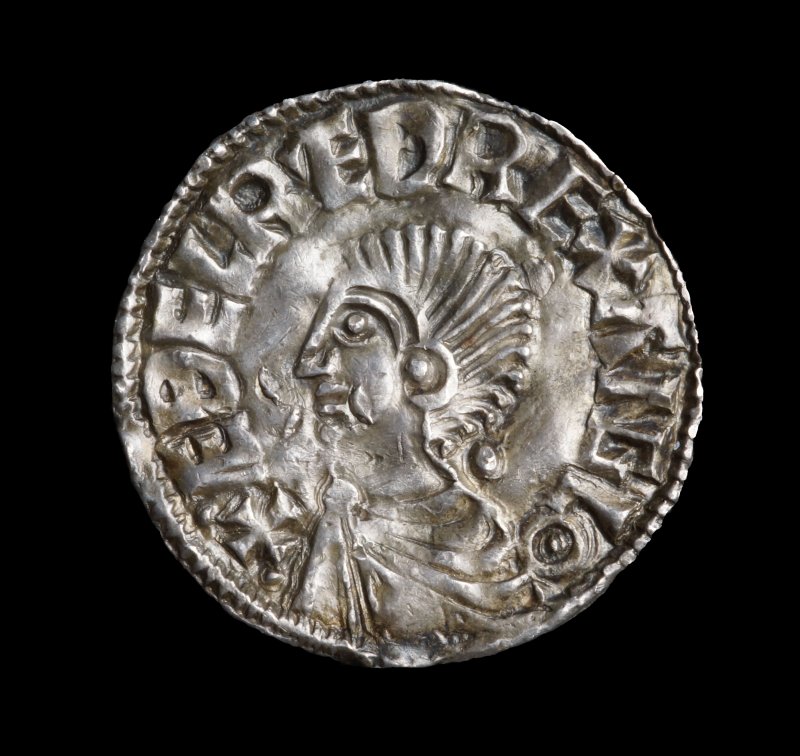 Silver penny of Aethelred II (978-1016), Long Cross type (c.997-c.1003), York, Hundulf. ELRED REX ANGLO, Viking peck marks.